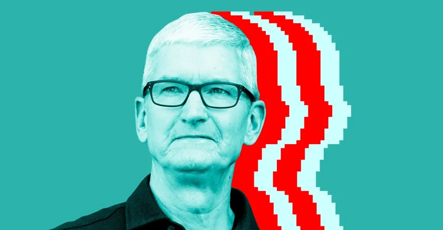 Illustratie van Tim Cook met een verpixeld silhouet