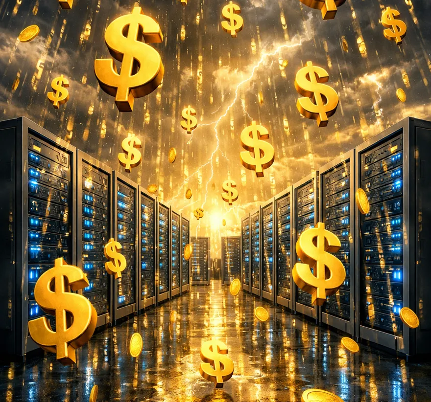 Illustratie van dollartekens boven een datacentrum