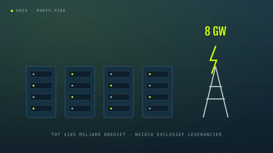 Eigen illustratie: rij datacenterblokken met hoogspanningsmast en het label 8 GW / Own illustration: row of data centre blocks with an electricity pylon and the label 8 GW