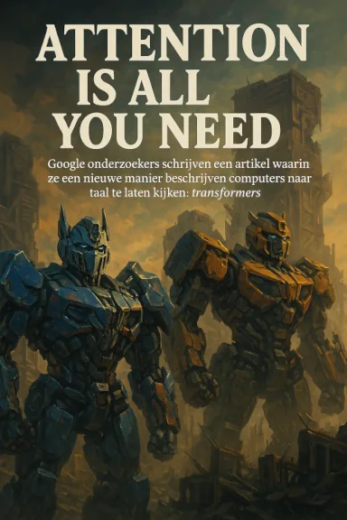 Illustratie in posterstijl: twee Transformers-robots onder de titel 'Attention Is All You Need'