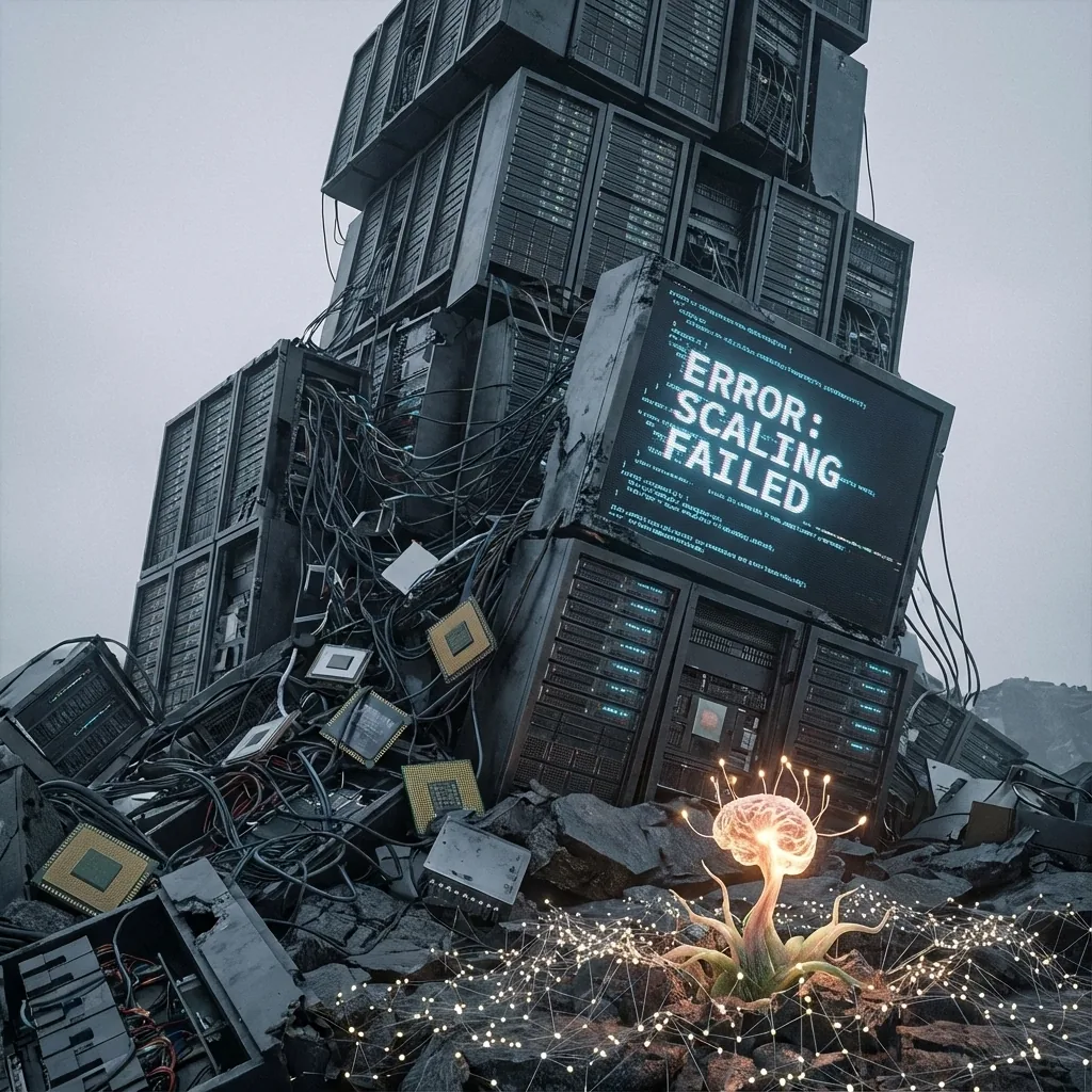 Illustratie: een wankele toren van servers met op een scherm de melding 'ERROR: SCALING FAILED', terwijl onderaan tussen het puin een gloeiend brein ontkiemt