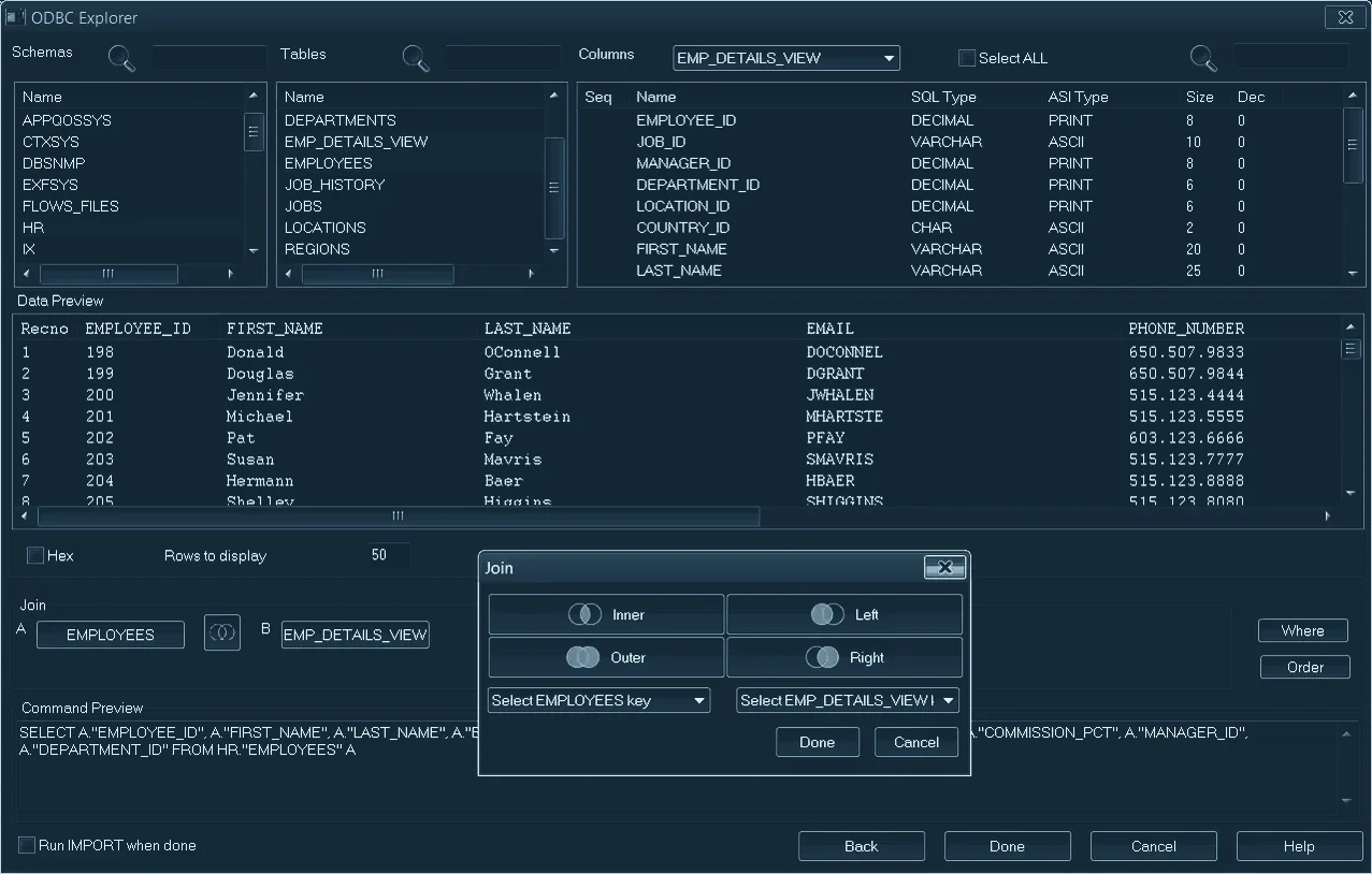 De ODBC Explorer van Analyzer: schema's, tabellen en kolommen, een gegevensvoorbeeld en een join-venster / The ODBC Explorer in Analyzer