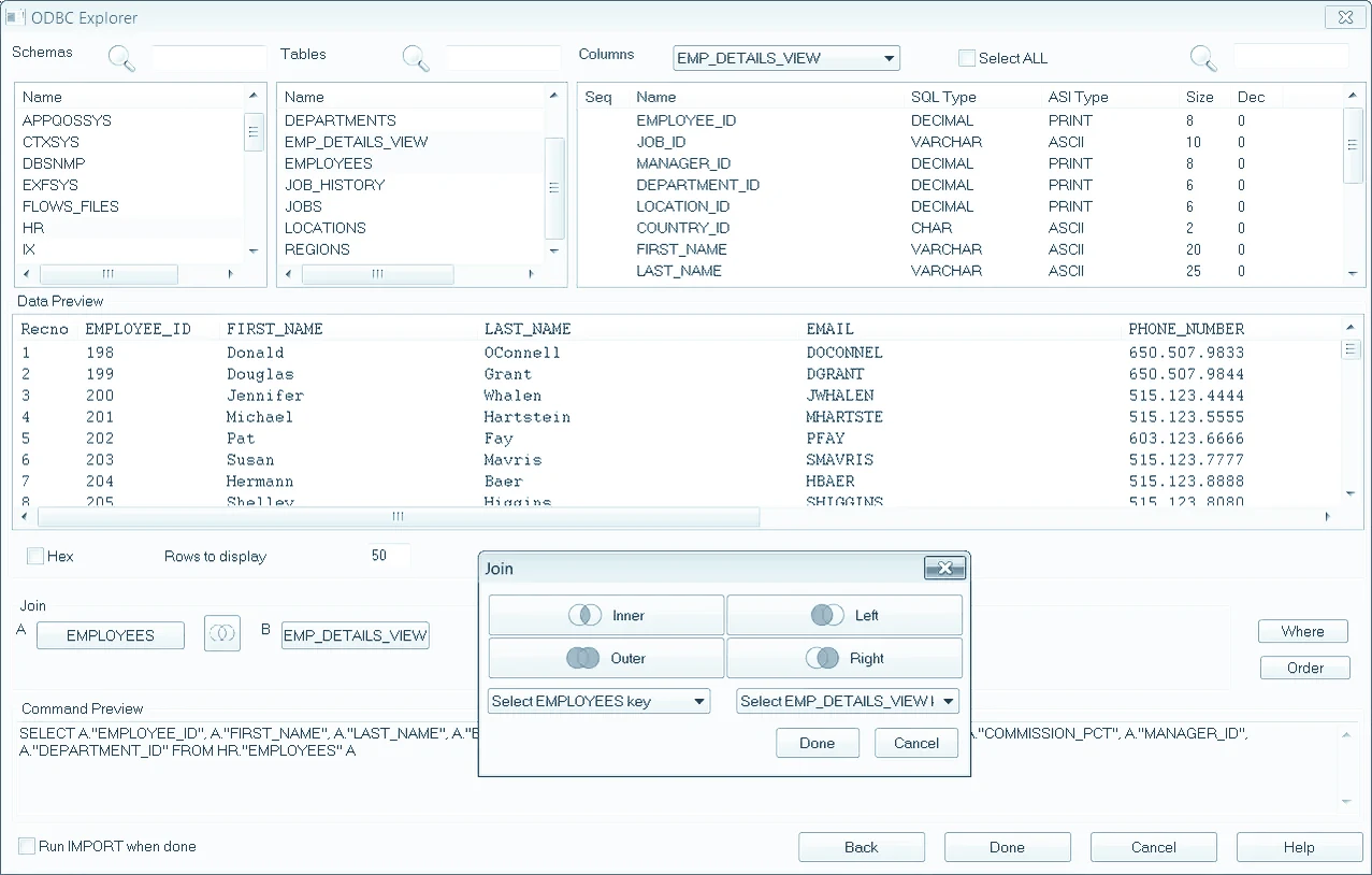 De ODBC Explorer van Analyzer: schema's, tabellen en kolommen, een gegevensvoorbeeld en een join-venster / The ODBC Explorer in Analyzer