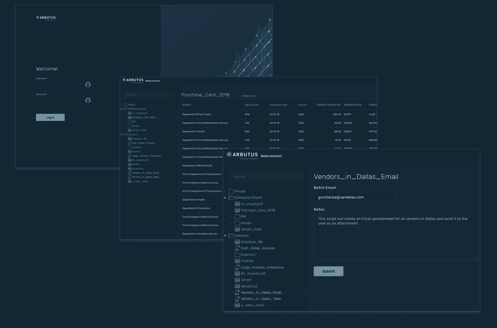 WebConnect in de browser: aanmelden, een tabel met 15.242 regels en een script (Vendors_in_Dallas_Email) / WebConnect in the browser