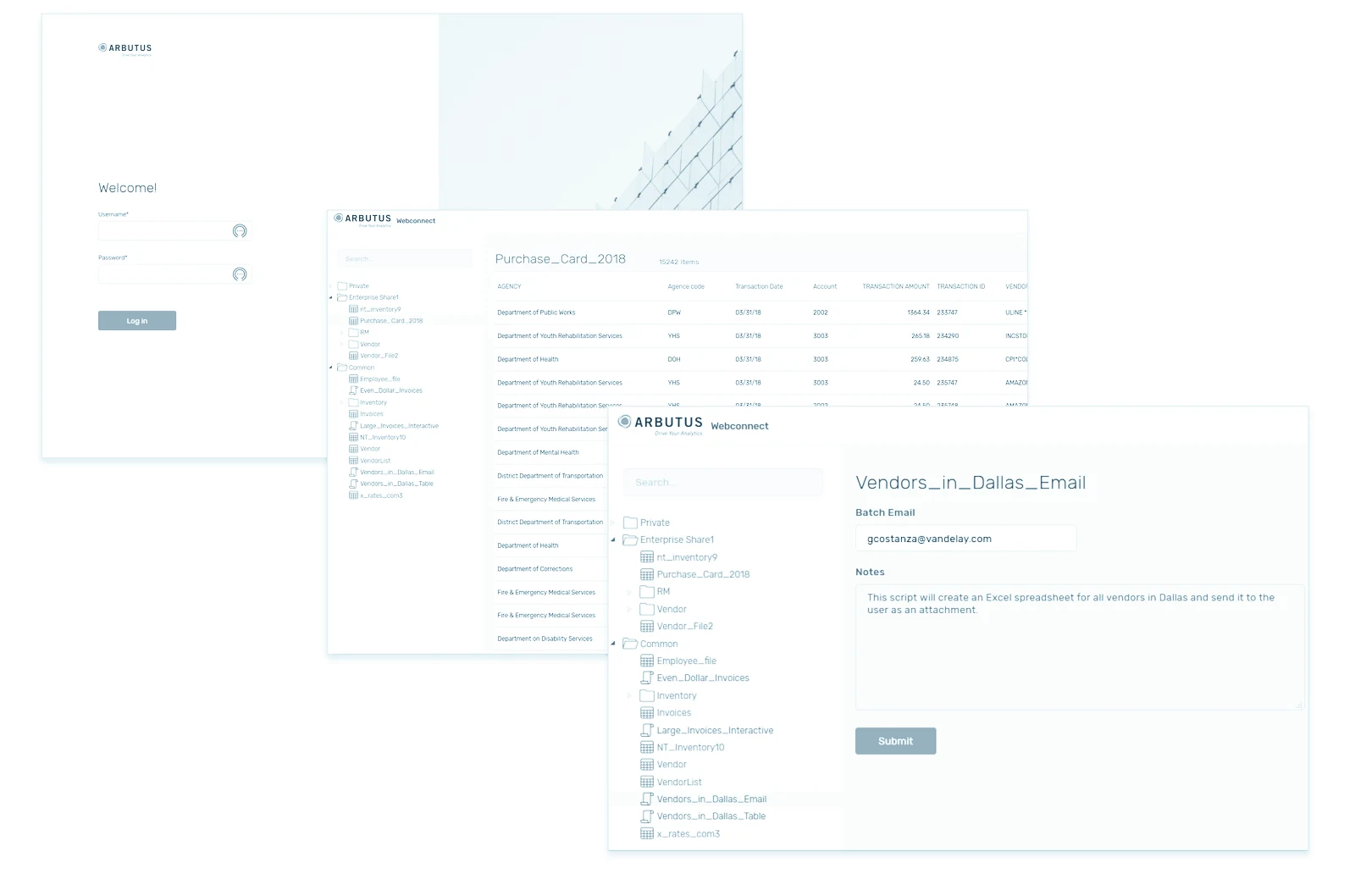 WebConnect in de browser: aanmelden, een tabel met 15.242 regels en een script (Vendors_in_Dallas_Email) / WebConnect in the browser